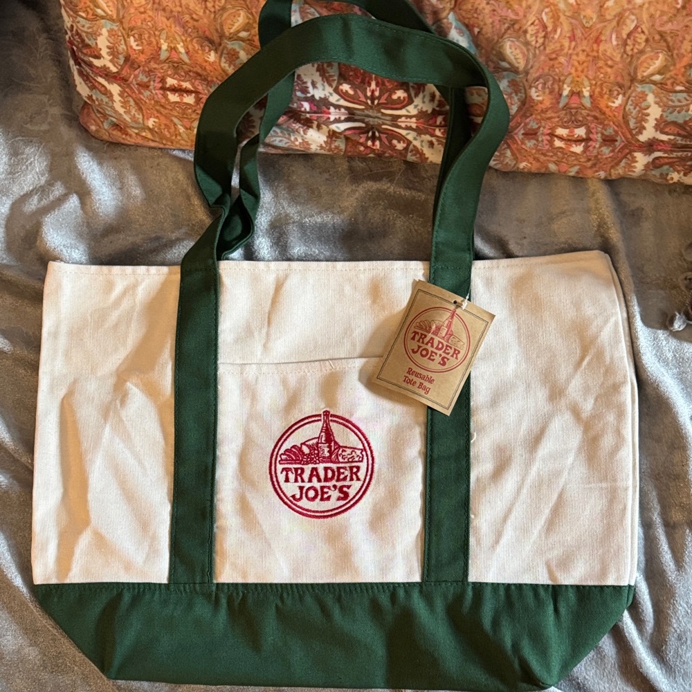 Trader Joe's Green and Cream Tote Bag